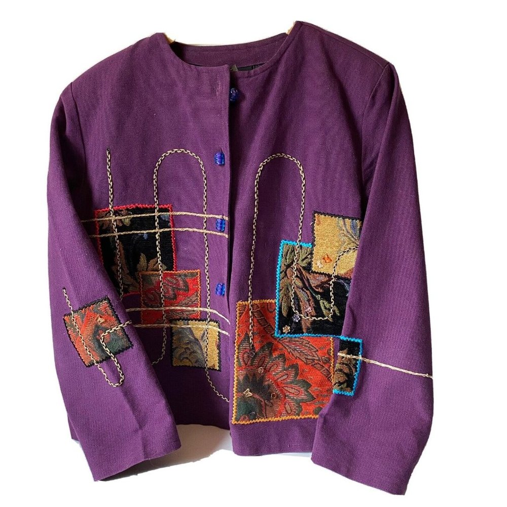 Daniel K NY upcycled purple jacket patchwork tapestry swirl‎ buttons lined XL
